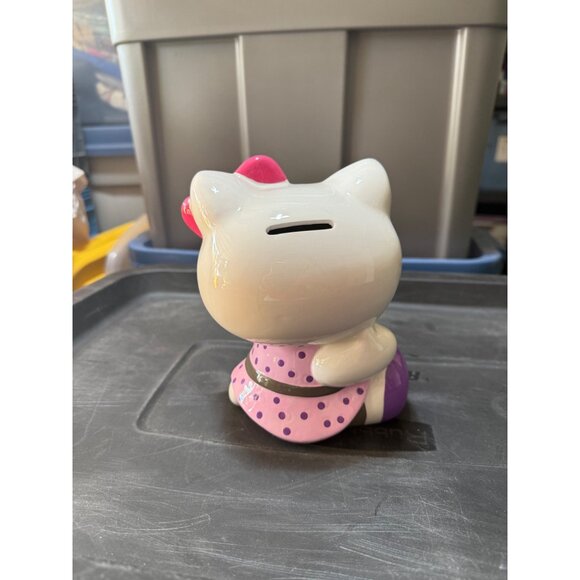 Rare Hello Kitty Ceramic Coin Bank By Sanrio 2007 Pink & Purple Polka Dot Dress - Picture 3 of 6